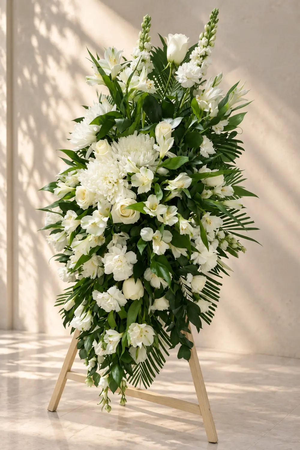 Vertical cascade wreath of white flowers on a stand
