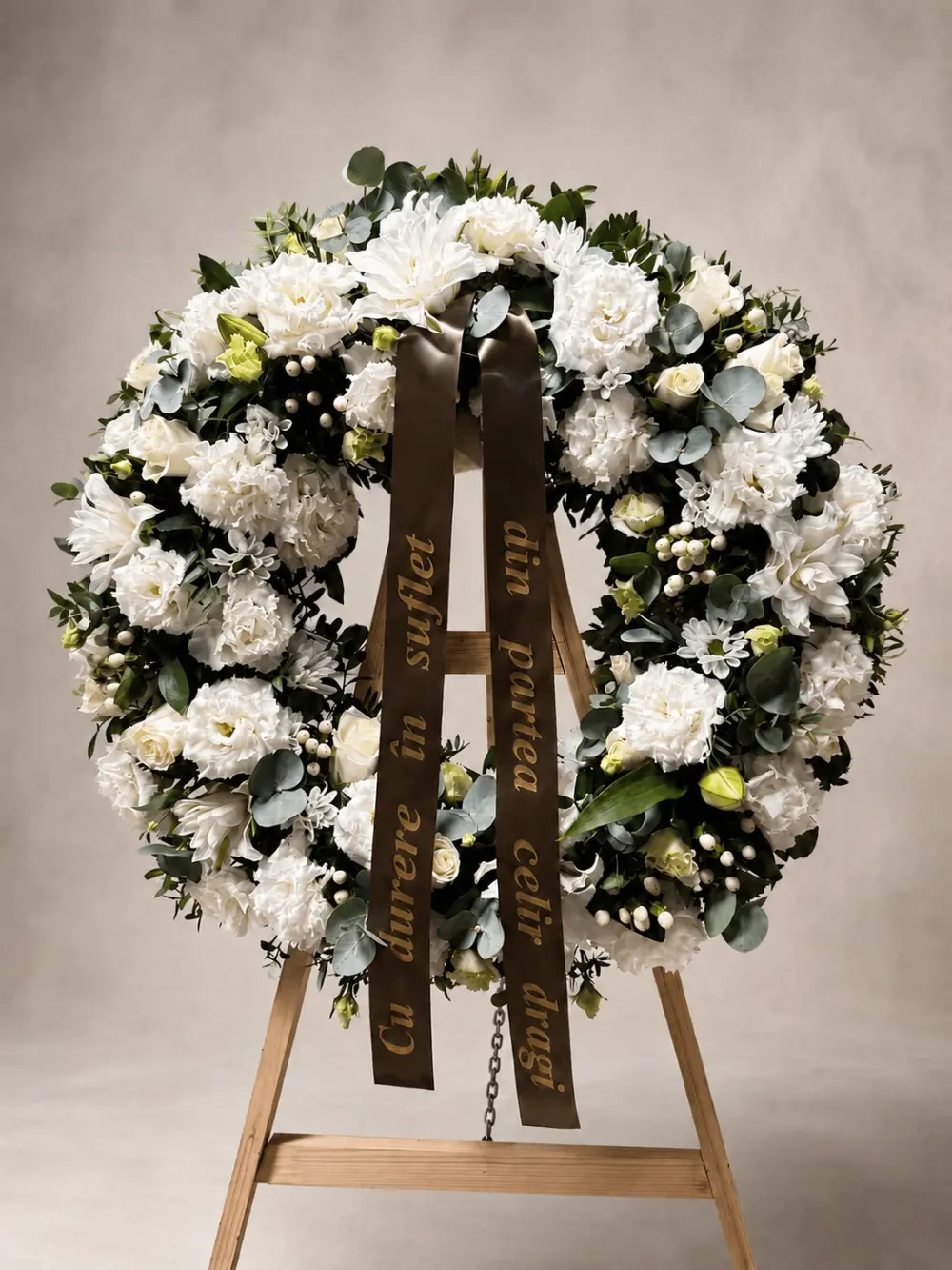 Round wreath of white carnations, roses and lisianthus with eucalyptus