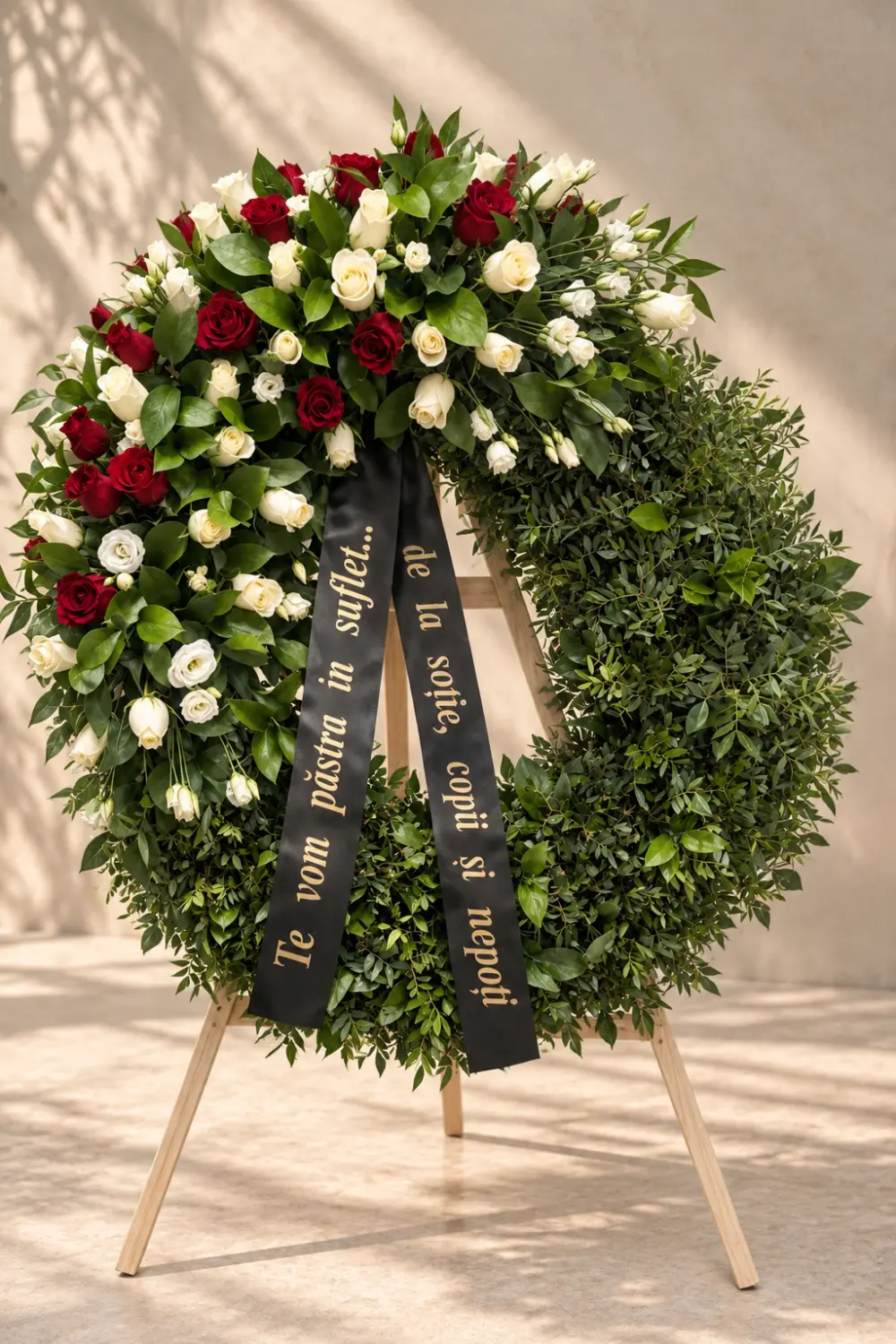 Round wreath of red and cream roses with greenery