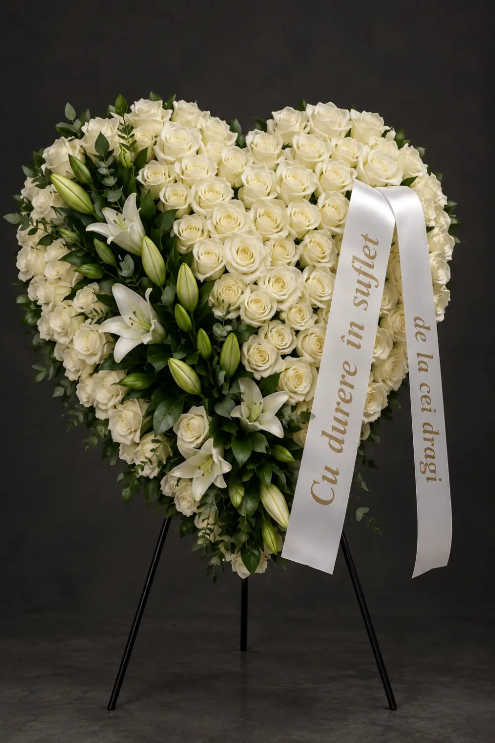 Heart wreath of white roses with open lilies