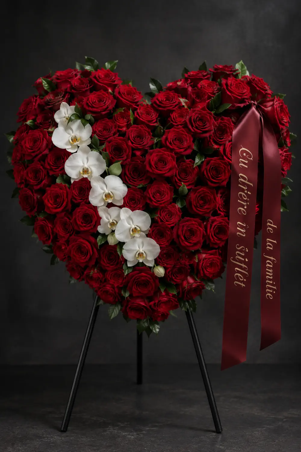 Heart wreath of red roses with white orchids