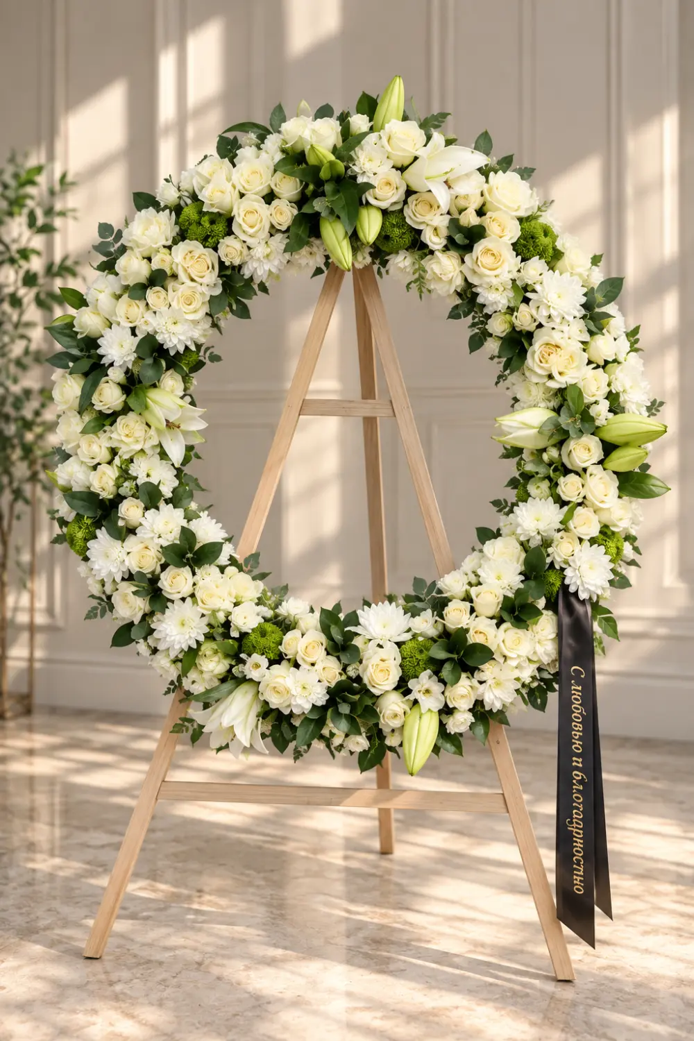 Round wreath of white roses, chrysanthemums and lilies